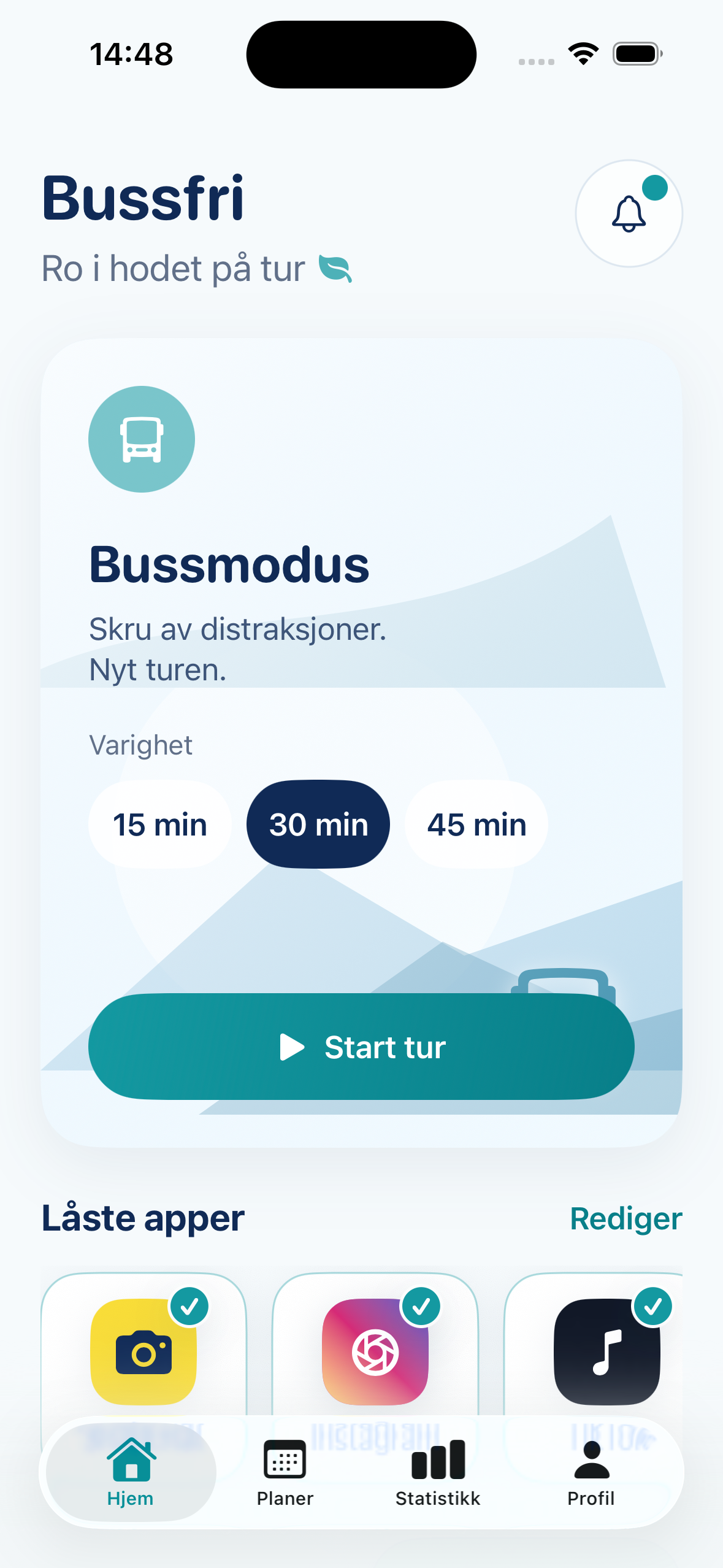 Bussfri startskjerm med Bussmodus